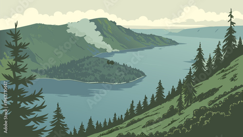 Calm lake surrounded by mountains and forest, aerial perspective, tranquil scenery, flat vector design, perfect for travel and relaxation visuals.