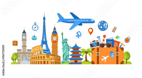 Global Travel and Tourism Concept with Famous World Landmarks and Airplane. Vector Illustrations. EPS Editable