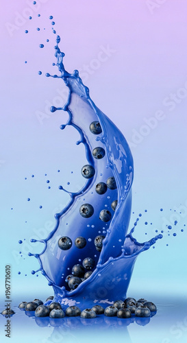 Soft light falloff on blueberry smoothie burst and energetic swirl