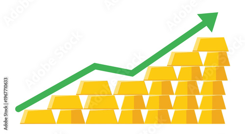 Golden bars with green arrow graph 1. Vector Illustrations. EPS Editable