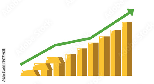 Golden bars with green arrow graph 2. Vector Illustrations. EPS Editable