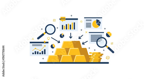 Golden bars with financial documents. Vector Illustrations. EPS Editable