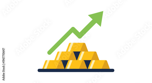 Golden bars with green arrow rising. Vector Illustrations. EPS Editable