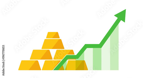 Golden bars with green arrow graph. Vector Illustrations. EPS Editable