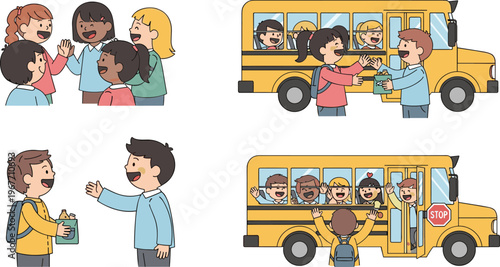 School Children Interaction Illustration Set with Kids Communication, Friendship, Lunch Sharing and School Bus Scenes Flat Vector Collection