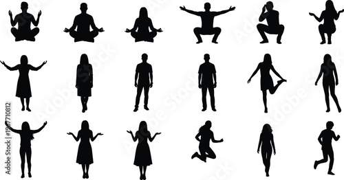 A collection of 16 black silhouette images of people in various yoga poses and movements