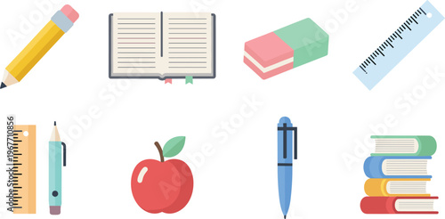 School Supplies Flat Icon Set with Pencil, Book, Eraser, Ruler, Pen and Education Elements Collection Isolated on White Background