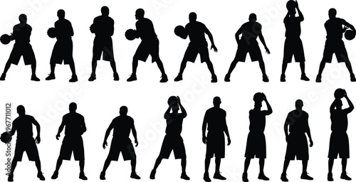 A group of black silhouettes of men playing basketball