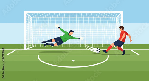 Soccer player kicking ball goalkeeper diving.