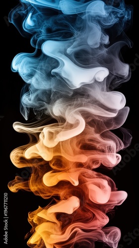 Colorful smoke patterns swirl dynamically against a black background, creating visual intrigue.