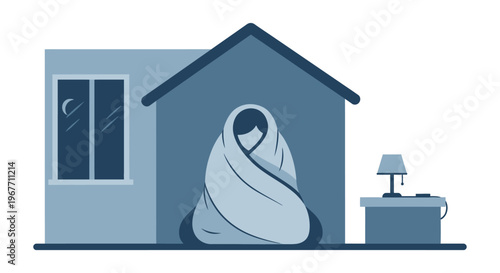 Homeless person wrapped in blanket doorway. Vector Illustrations. EPS Editable