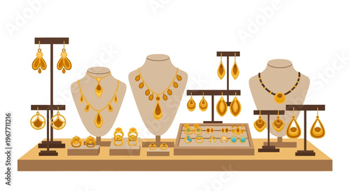 Golden jewelry on display necklaces earrings. Vector Illustrations. EPS Editable