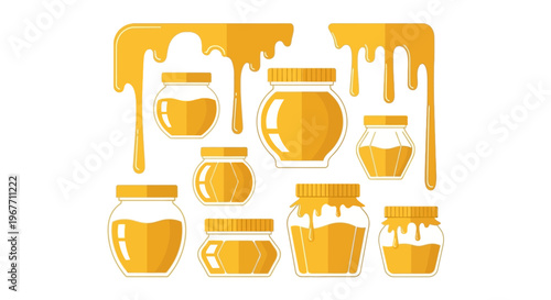 Golden Honey Jars and Pots. Vector Illustrations. EPS Editable