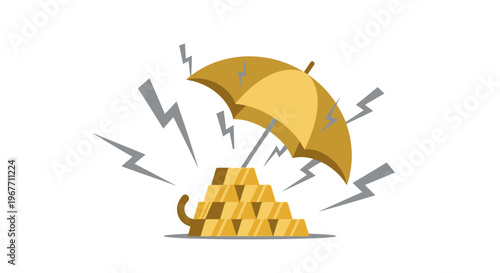 Golden coins under protective umbrella shield. Vector Illustrations. EPS Editable
