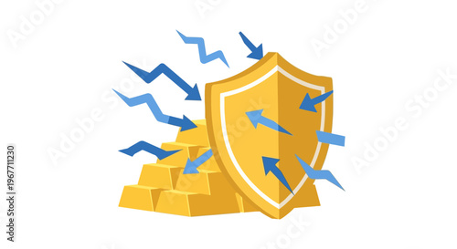 Golden shield protecting treasure wealth. Vector Illustrations. EPS Editable