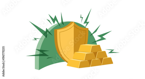 Golden shield with gold bars protection. Vector Illustrations. EPS Editable