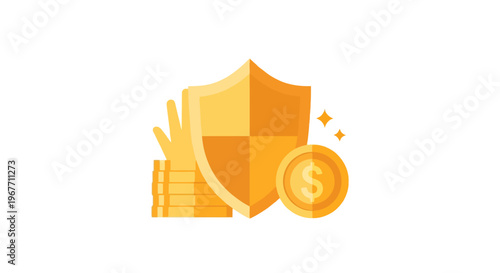Golden shield with money protection. Vector Illustrations. EPS Editable