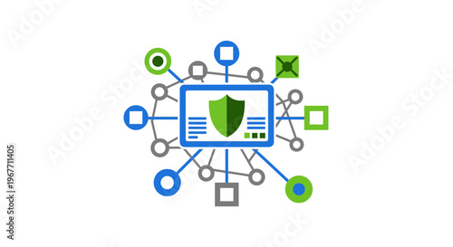 Green shield on computer screen protection. Vector Illustrations. EPS Editable