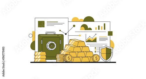 Green safe with gold coins and money. Vector Illustrations. EPS Editable