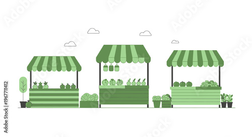 Green striped vendor market food stalls. Vector Illustrations. EPS Editable
