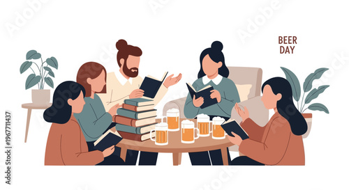 Group of friends enjoying beer together. Vector Illustrations. EPS Editable