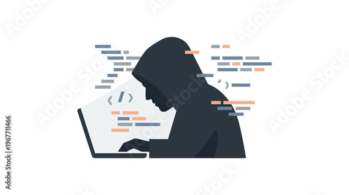 Hacker in a Hoody Working on a Laptop with Code Overlay. Vector Illustrations. EPS Editable