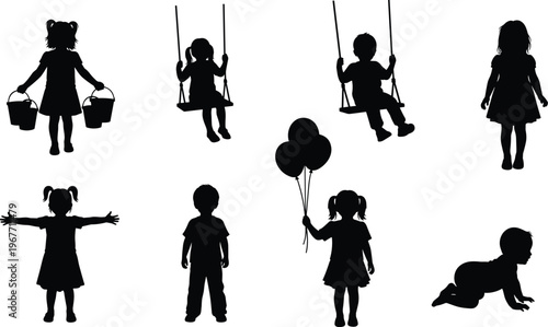 Silhouettes of children playing and having fun
