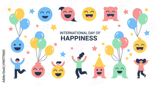 Happy people with colorful balloons laughing. Vector Illustrations. EPS Editable