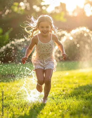 Happy little girl running through water sprinkler in sunlit summer garden, joyful child playing outdoors.