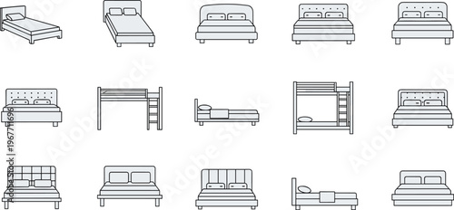 Bed furniture collection set, modern single, double and bunk beds with headboard designs, bedroom interior sleeping furniture minimal line illustration for home decor concept