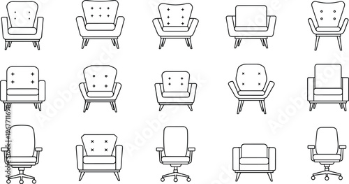Chair furniture collection with modern armchairs and office chairs minimal line interior design seating elements set for home and workspace illustration.