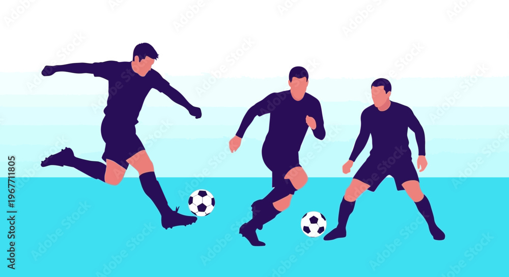 Obraz premium Three soccer players in action kicking balls.