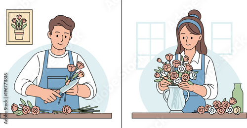 Florists arranging flowers and cutting stems, bouquet making and floral design concept minimal flat illustration with home studio and decorative flower arrangement.