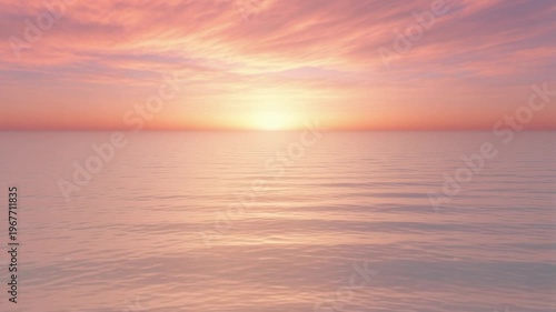 Vibrant sunset panorama over a calm tranquil ocean with a bright sun disappearing behind the horizon line, casting stunning golden and orange light across the rippling water surface.