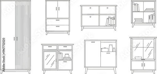 Modern furniture cabinets collection, wooden storage units, wardrobe, sideboard and bookshelf minimal line illustration, home interior storage solutions and contemporary cabinet design set
