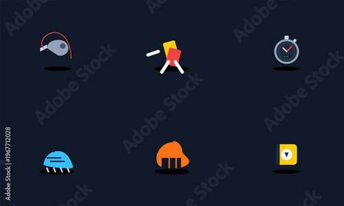 Hand-drawn professional soccer referee gear featuring icons for whistle, cards, stopwatch, cleats, and notebook in this authentic illustration