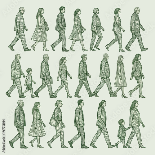 Seamless pattern depicting human evolution from ape to man in green silhouettes for educational biology graphics science concepts and unique textile design.