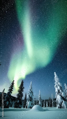 Winter Forest Aurora Borealis Stars Night Sky Green Light