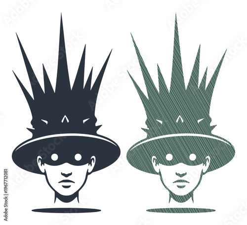 Striking illustration of a person wearing a spiky crown and mask, representing power and mystery.