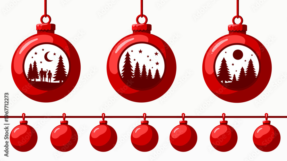 Fototapeta premium Set of three red christmas bauble ornaments featuring white angel silhouettes for classic winter holiday decor elegant festive greeting cards and beautiful seasonal design.