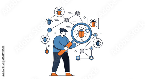Man Examining a Large Magnifying Glass. Vector Illustrations. EPS Editable