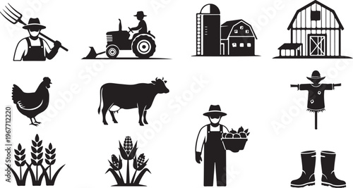 Farm icons and symbols in black and white illustration