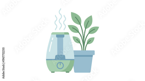 Humidifier and Potted Plant Illustration for Indoor Air Quality and Plant Care. Vector Illustrations. EPS Editable
