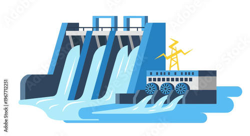 Hydroelectric Dam Power Plant Structure. Vector Illustrations. EPS Editable