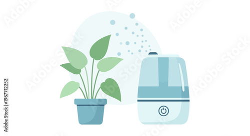 Humidifier next to green houseplant. Vector Illustrations. EPS Editable