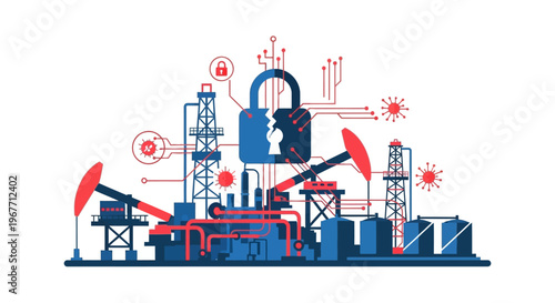 Industrial Oil Pump Jack Facility. Vector Illustrations. EPS Editable