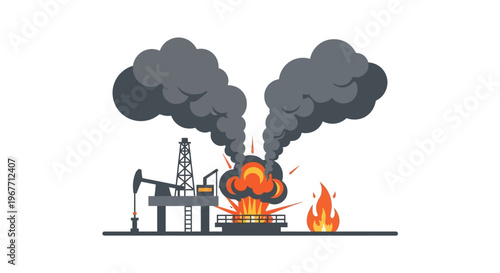 Industrial Oil Rig on Fire Burning. Vector Illustrations. EPS Editable
