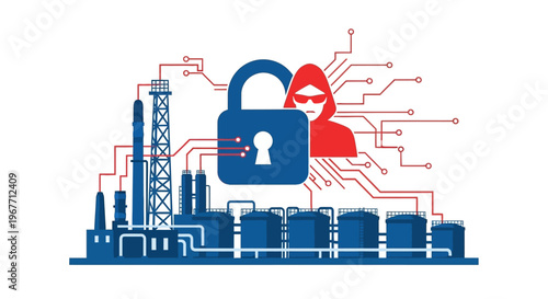 Industrial security padlock with hacker. Vector Illustrations. EPS Editable