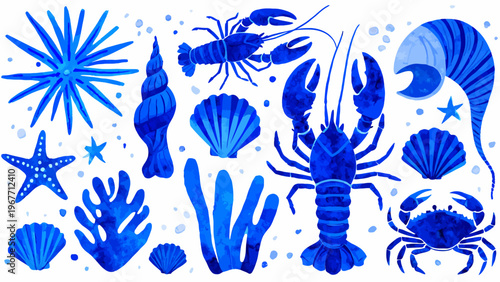 Collection of blue watercolor style seafood elements including fish and lobsters for coastal restaurant menus healthy diet concepts and maritime graphic design.