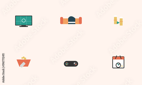 Hand-drawn collection of flat icons featuring a television sofa beer snacks game controller and sports schedule authentic illustration